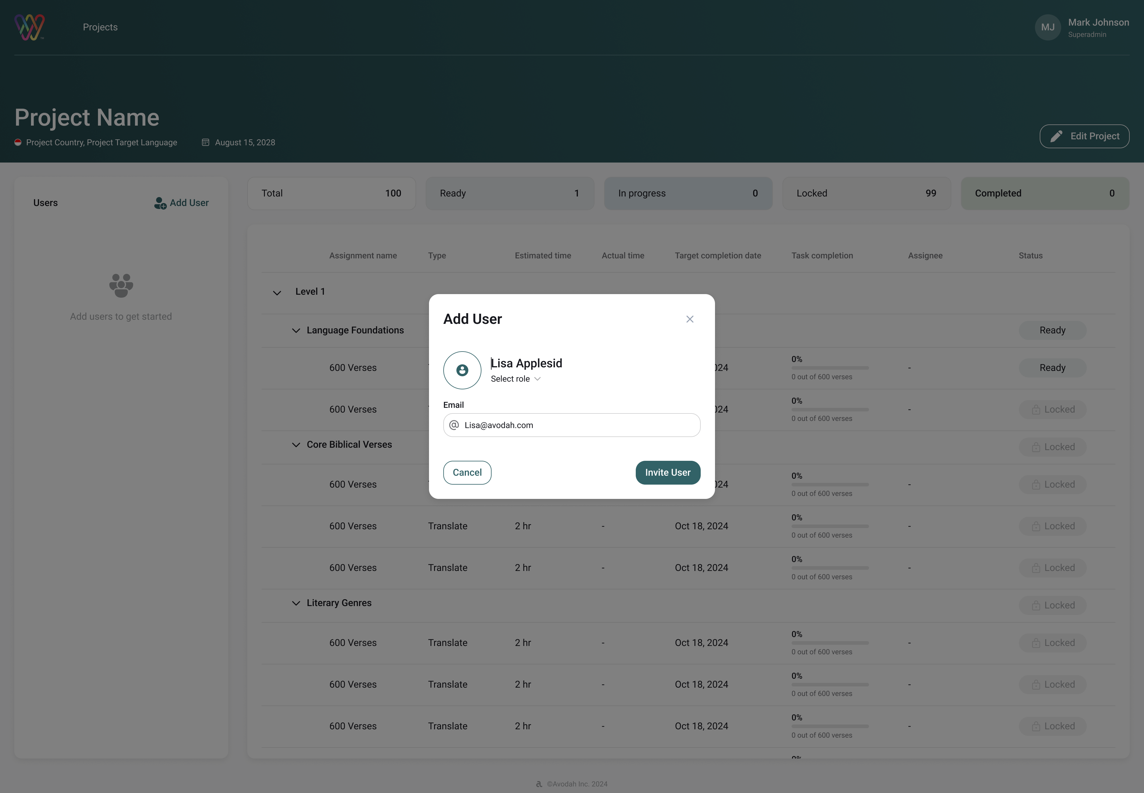 Admin adding a user to the project